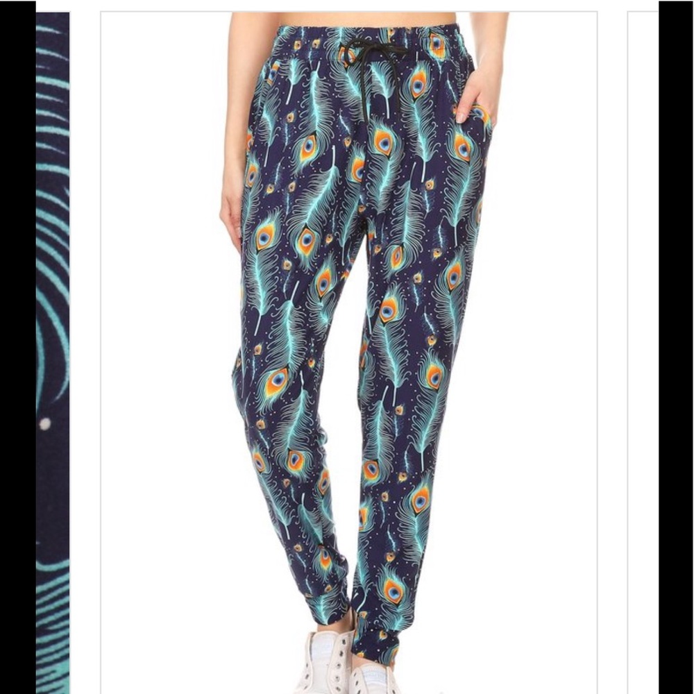 Leggings Depot Peacock Feather Print Joggers - Blue and Green